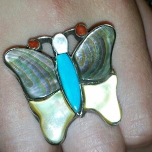 Vintage Butterfly Ring with Turquoise and Mother of Pearl